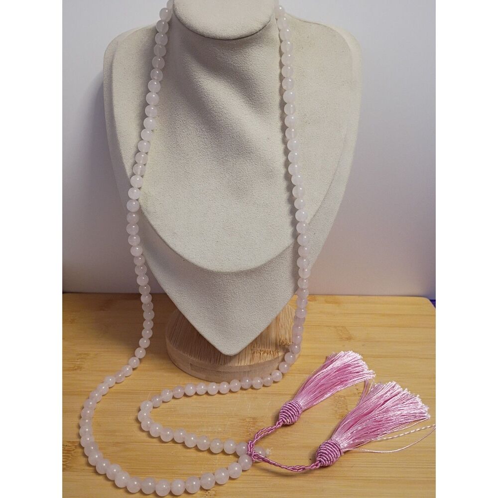Beautiful Natural Rose Quartz Beads Handmade 2 Tassels Yoga Energy Mala Necklace